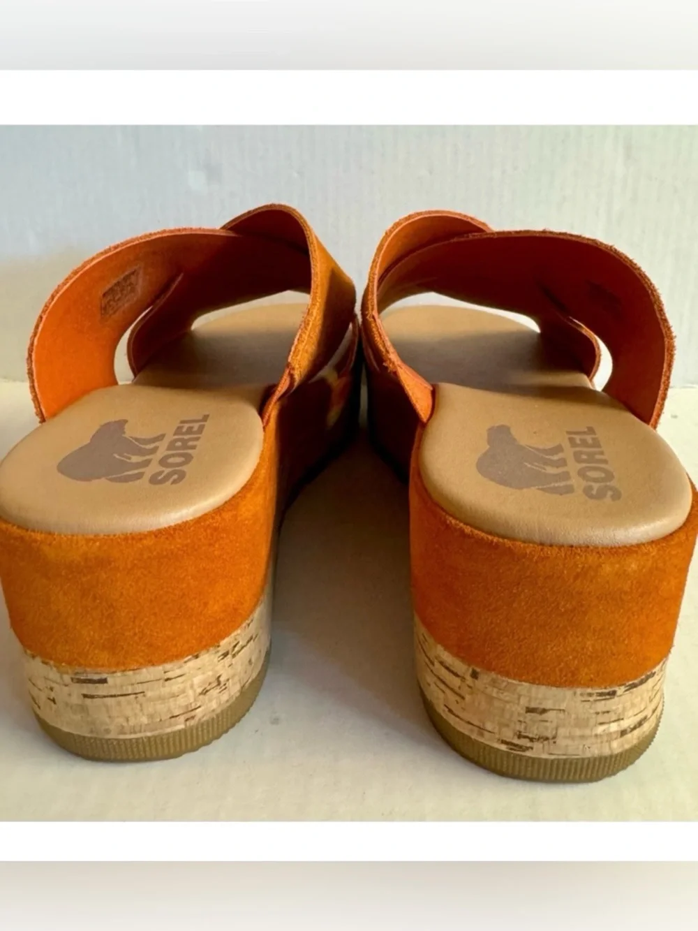 Sorel Cameron Orange Suede Cork-Platform Crossband Slide.Size 10
